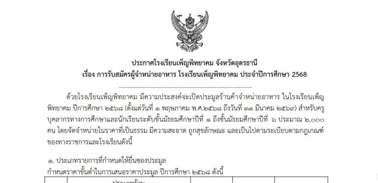 การรับสมัครผู้จำหน่ายอาหาร โรงเรียนเพ็ญพิทยาคม ประจำปีการศึกษา 2568