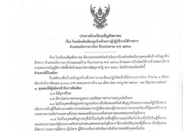 ประกาศโรงเรียนเพ็ญพิทยาคม เรื่องรับสมัครคัดเลือกลูกจ้างชั่วคราวผู้ปฏิบัติงานให้ราชการ ตำแหน่งนักการภารโรง ประจำปีงบประมาณ พ. ศ. 2568